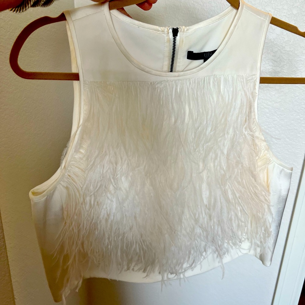 Tibi Silk cropped top with real feathers